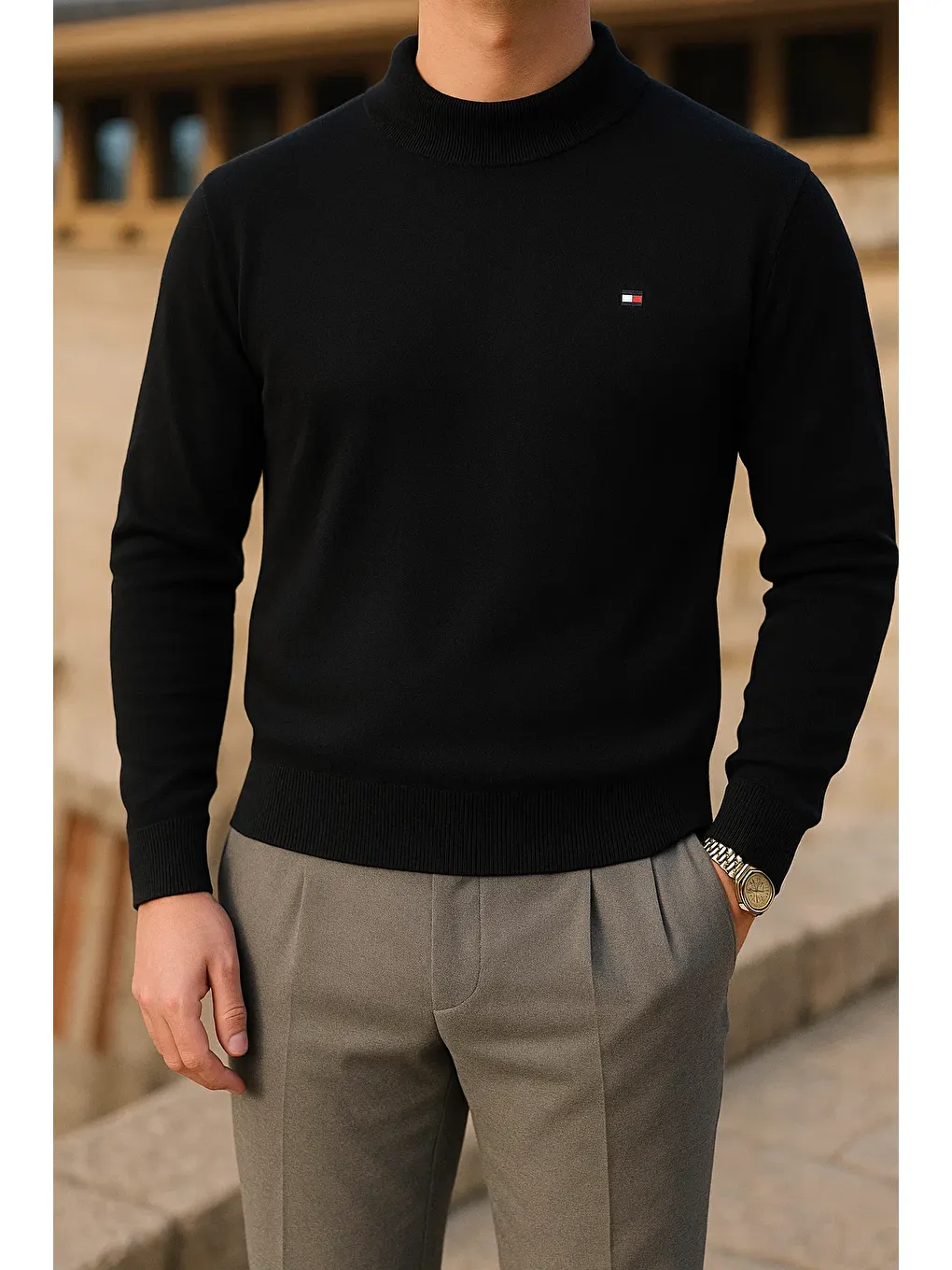 Erkek Slim Fit Yarım Balıkçı Yaka Siyah Kazak