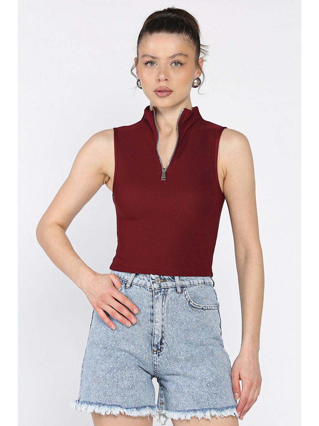 Bordo Kadın Yarım Fermuarlı Fitilli Crop Top Bluz