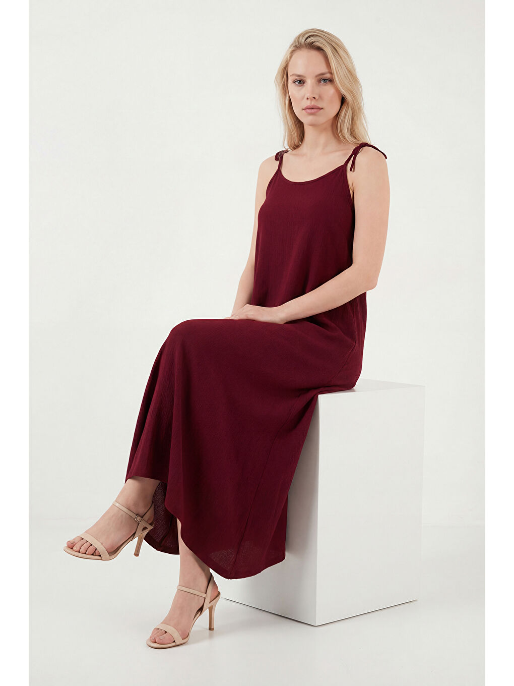 Bordo Regular Fit İp Askılı Uzun Kadın Elbise 5865732-3