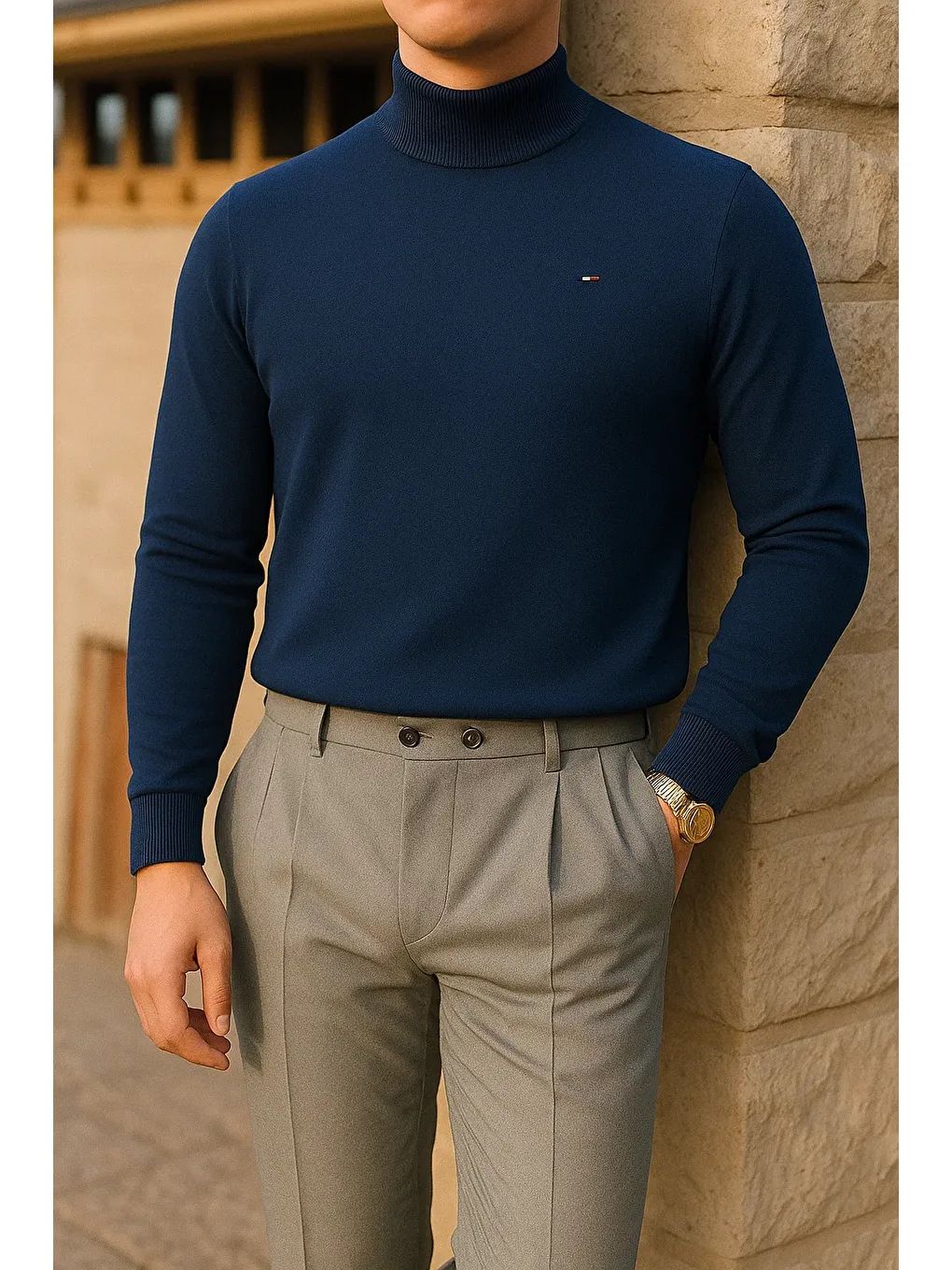 Erkek Slim Fit Yarım Balıkçı Yaka Lacivert Kazak-2