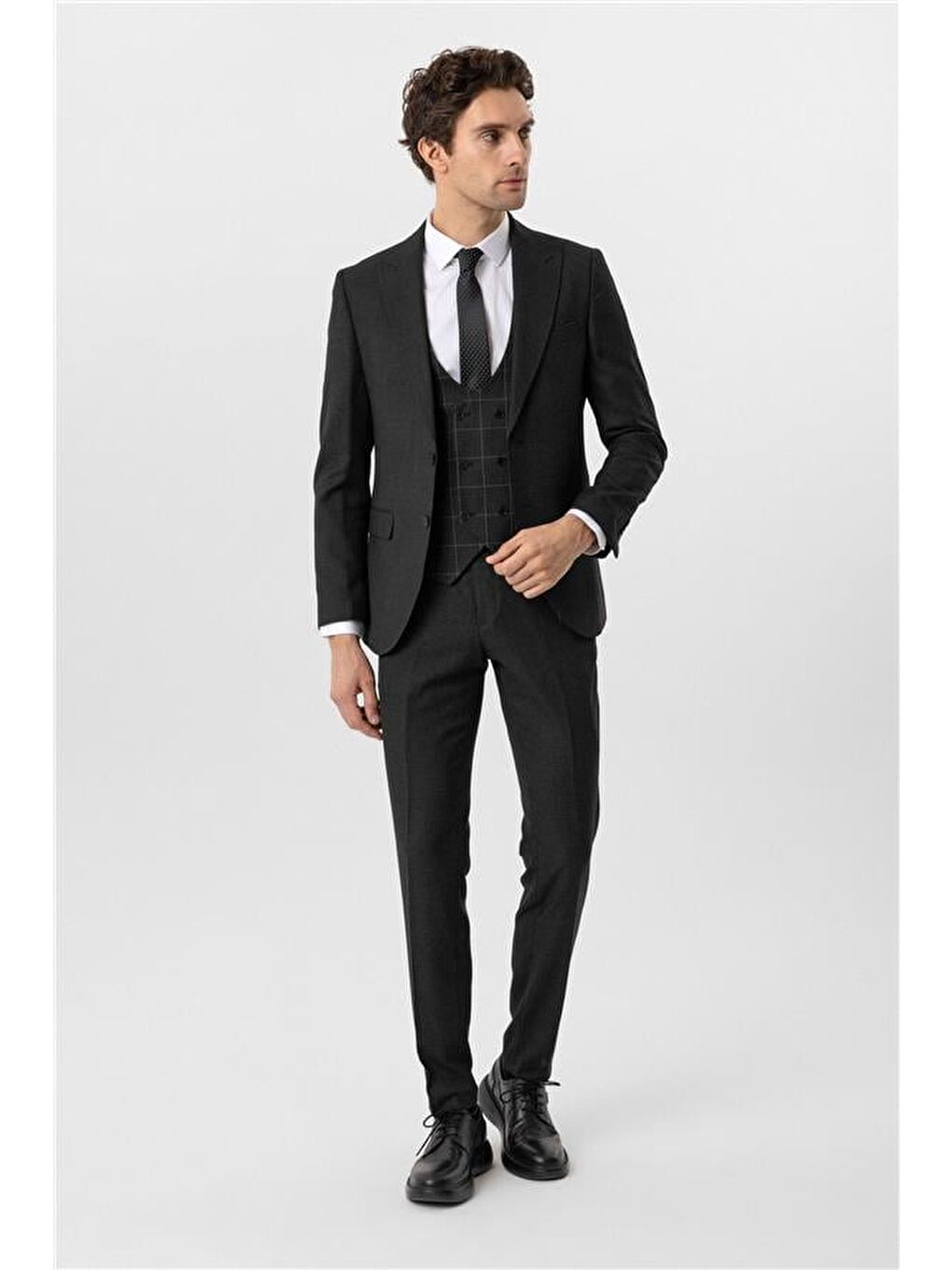 Antrasit Slim Armürlü Sivri Yaka 6 Drop Yelekli Takım Elbise-1