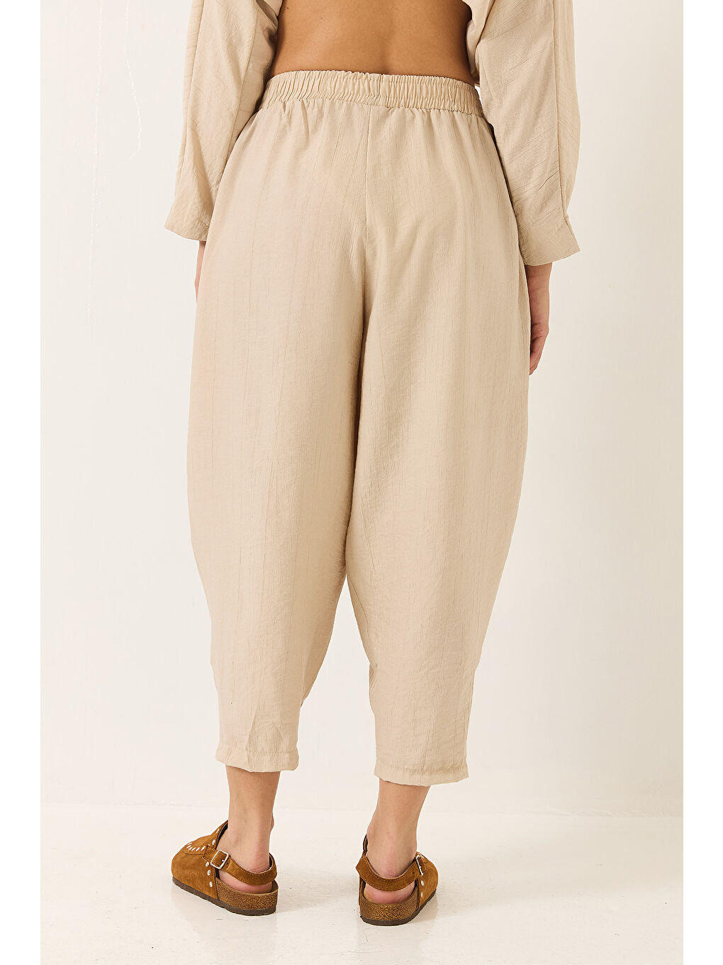 Bej Kadın Yarasa Kol Gömlek Şalvar Pantolonlu Eliza Alt-Üst Takım-6