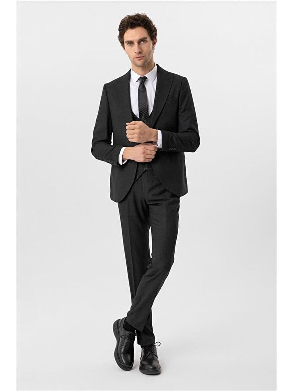 Antrasit Slim Armürlü Sivri Yaka 6 Drop Yelekli Takım Elbise-2