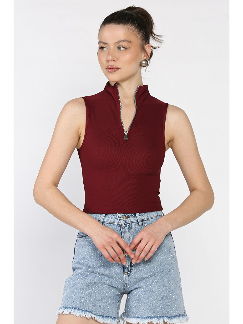 Bordo Kadın Yarım Fermuarlı Fitilli Crop Top Bluz-1