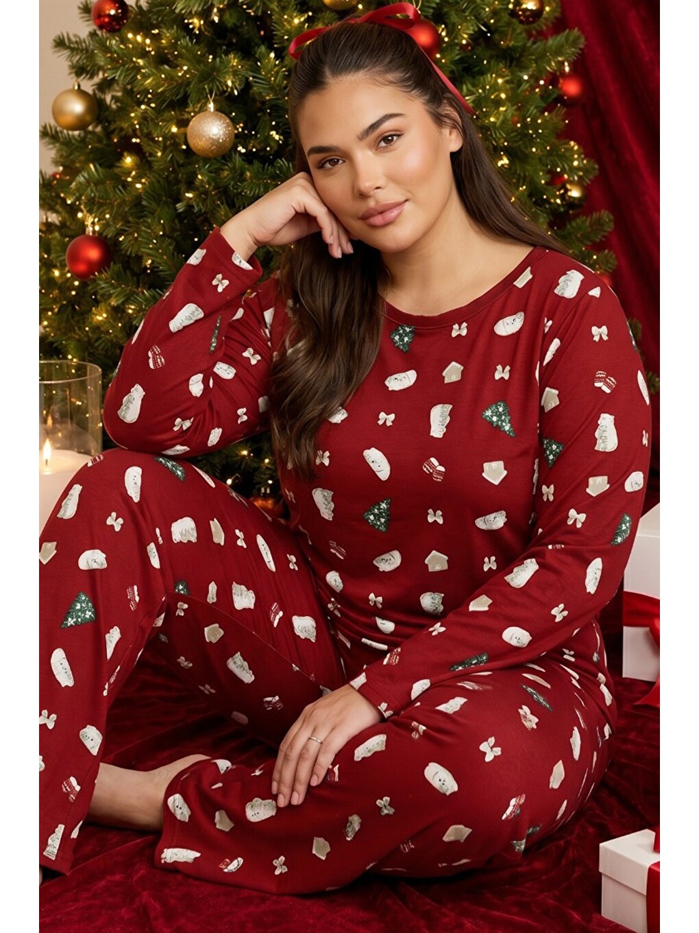 Bordo Yılbaşı Temalı Desenli Termal Kumaşlı Ultra Soft Yumuşak Büyük Beden Battal Boy Örme Pijama Ta
