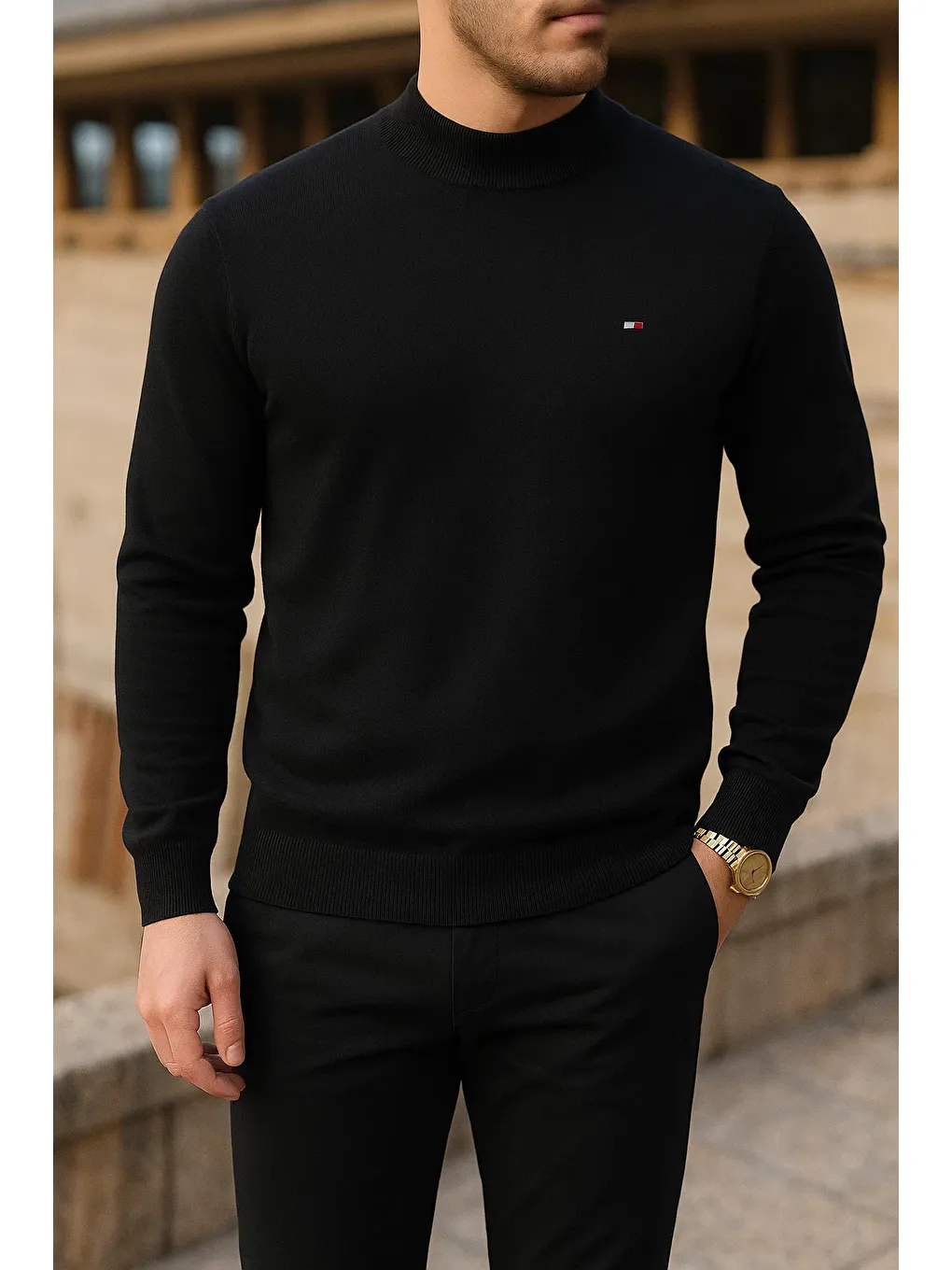 Erkek Slim Fit Yarım Balıkçı Yaka Siyah Kazak-1