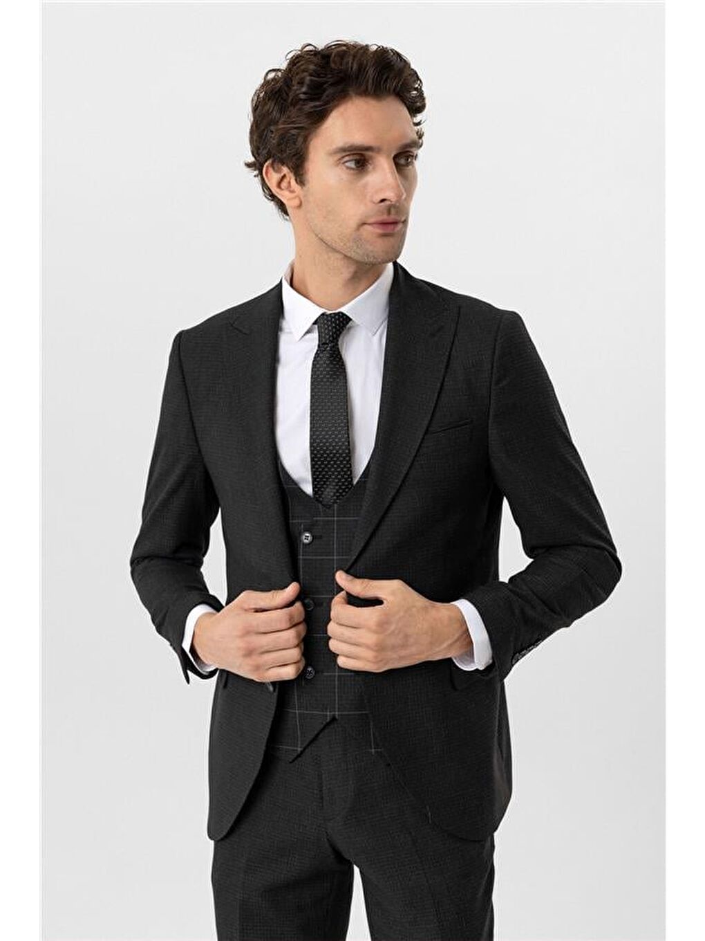 Antrasit Slim Armürlü Sivri Yaka 6 Drop Yelekli Takım Elbise-3