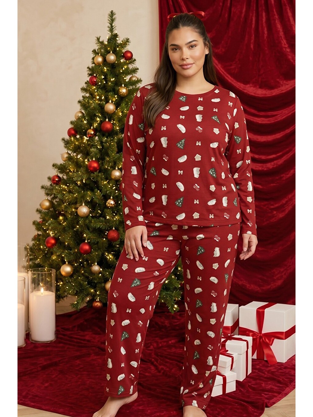 Bordo Yılbaşı Temalı Desenli Termal Kumaşlı Ultra Soft Yumuşak Büyük Beden Battal Boy Örme Pijama Ta-1