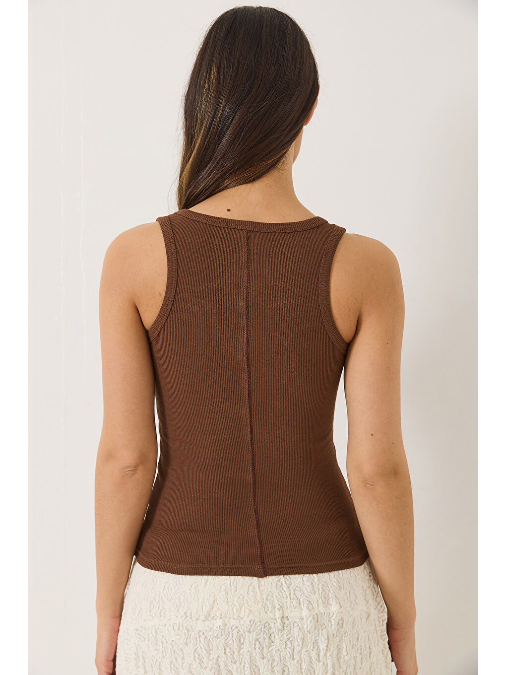 Kahverengi Kadın Fitilli Görünümlü Kalın Askılı Kaşkorse Basic Atlet-5