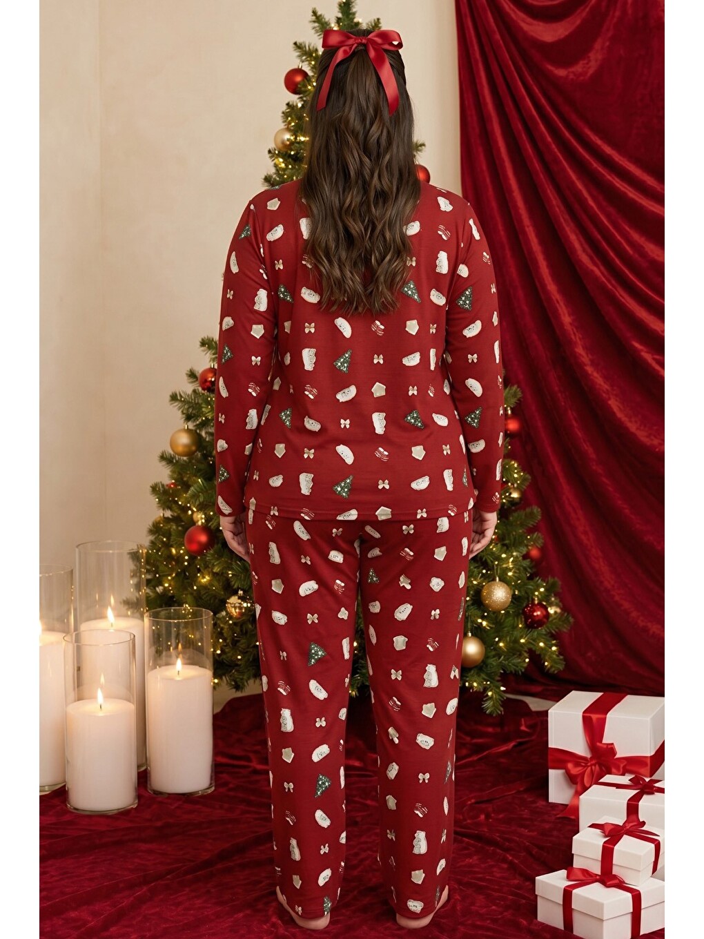 Bordo Yılbaşı Temalı Desenli Termal Kumaşlı Ultra Soft Yumuşak Büyük Beden Battal Boy Örme Pijama Ta-2