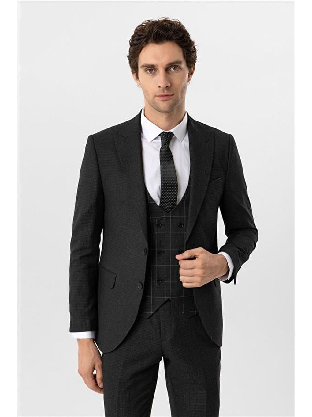 Antrasit Slim Armürlü Sivri Yaka 6 Drop Yelekli Takım Elbise-4