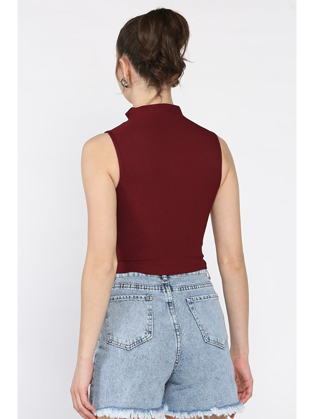 Bordo Kadın Yarım Fermuarlı Fitilli Crop Top Bluz-2