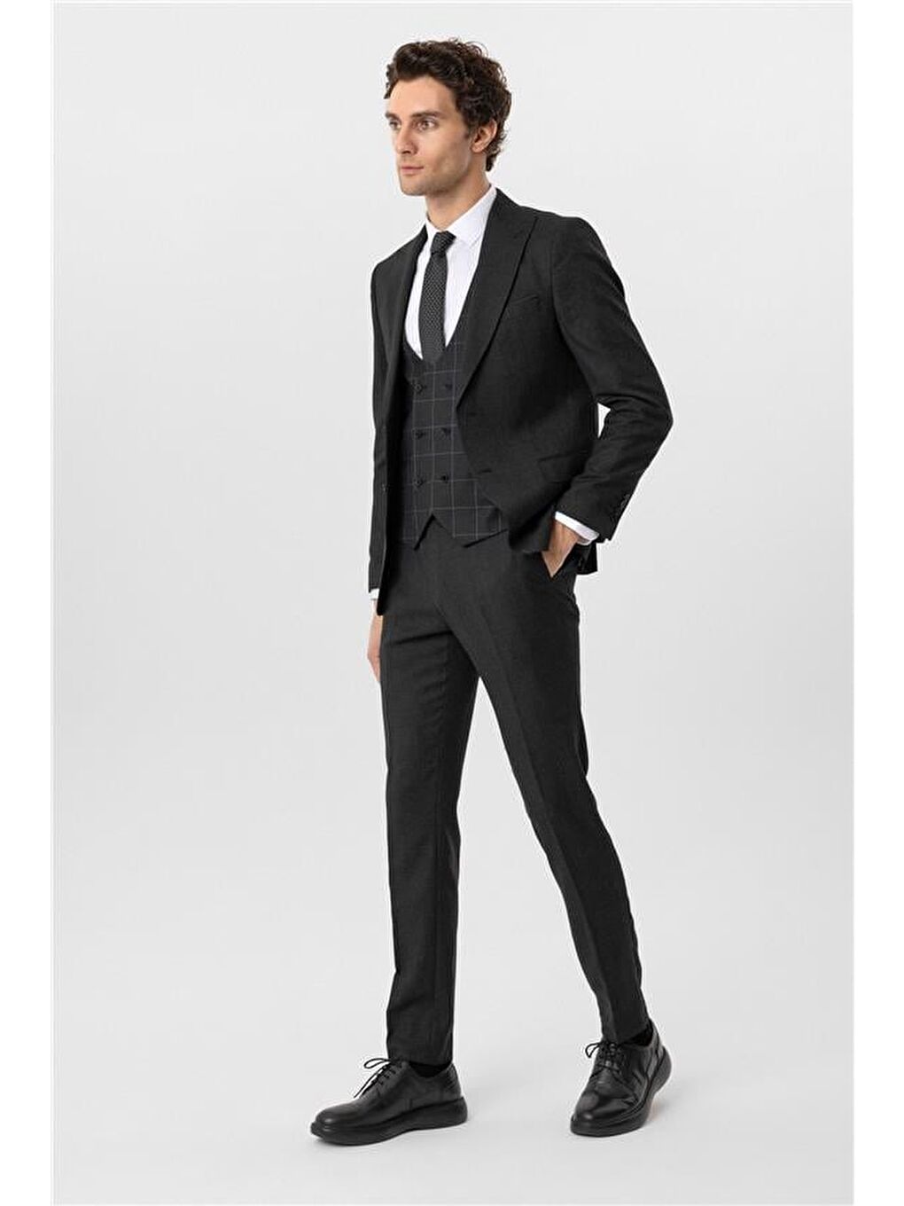 Antrasit Slim Armürlü Sivri Yaka 6 Drop Yelekli Takım Elbise-5