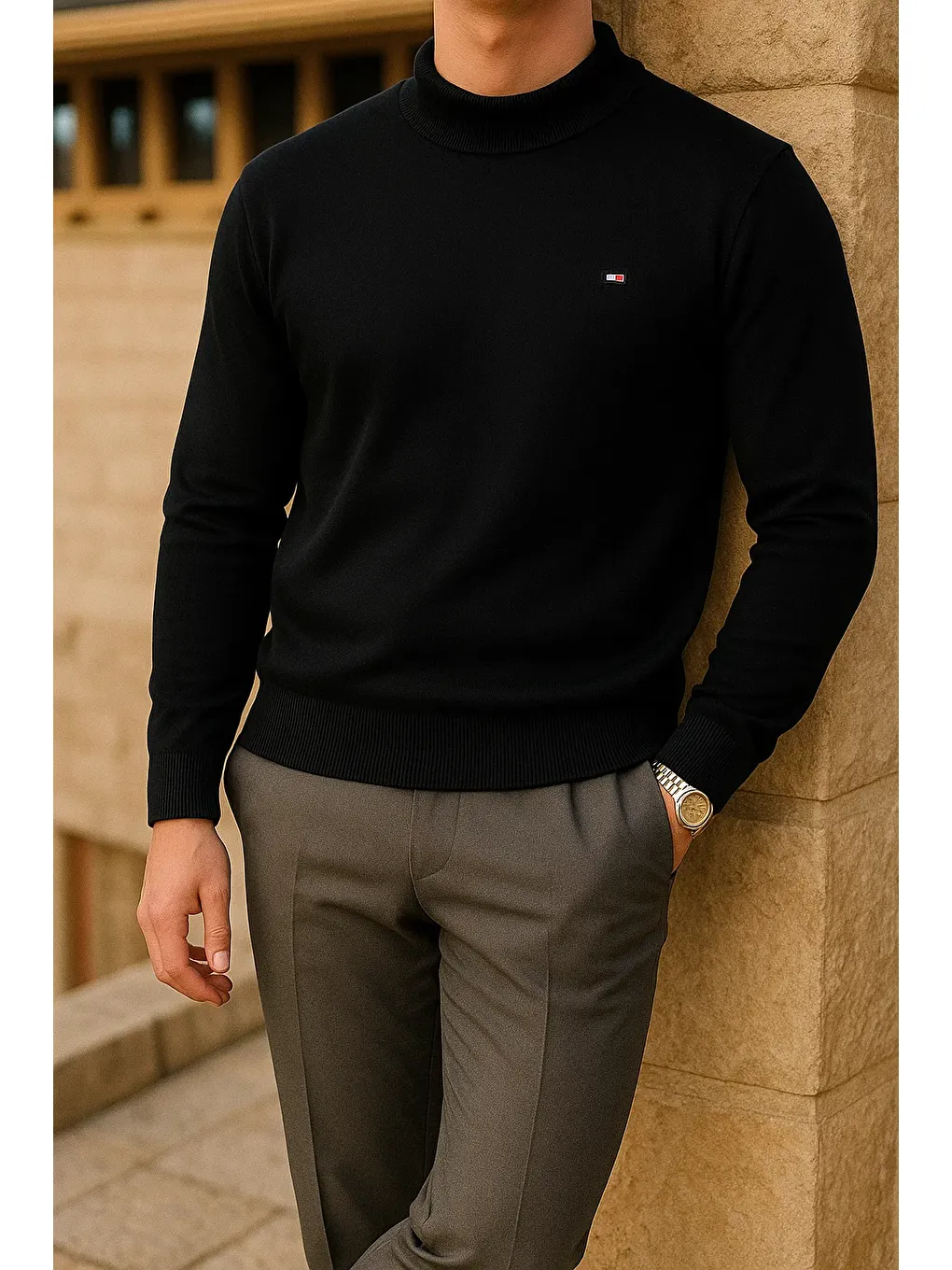 Erkek Slim Fit Yarım Balıkçı Yaka Siyah Kazak-2