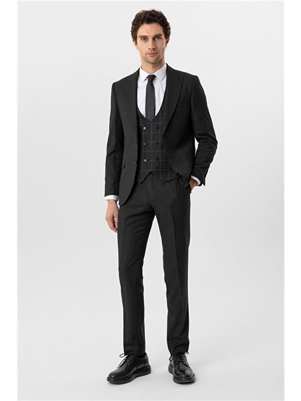 Antrasit Slim Armürlü Sivri Yaka 6 Drop Yelekli Takım Elbise-6