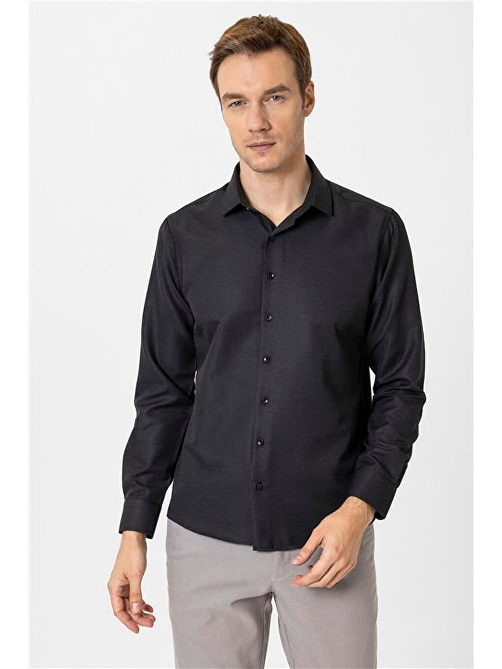 Siyah Slim Armürlü Klasik Yaka Gömlek-1