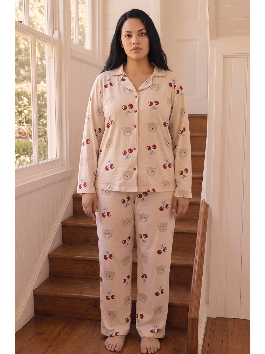Ekru Krem Desenli Termal Kumaşlı Ultra Soft Yumuşak Büyük Beden Battal Boy Düğmeli Örme Pijama Takımı-1