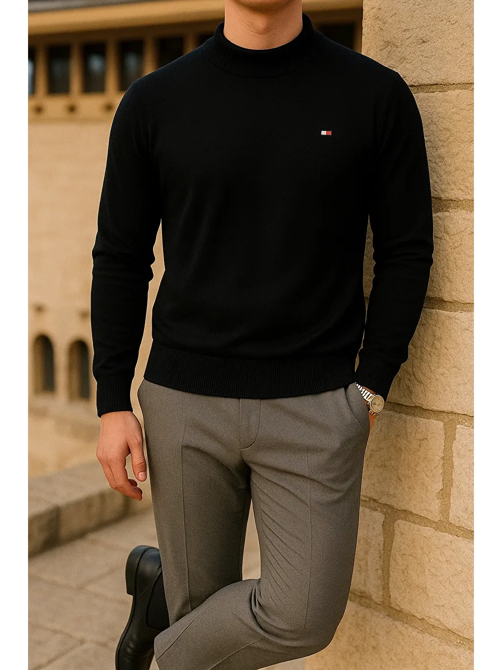 Erkek Slim Fit Yarım Balıkçı Yaka Siyah Kazak-3