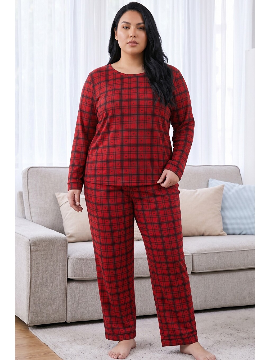 Kırmızı Ekose Desenli Termal Kumaşlı Ultra Soft Yumuşak Büyük Beden Battal Boy Örme Pijama Takımı-1