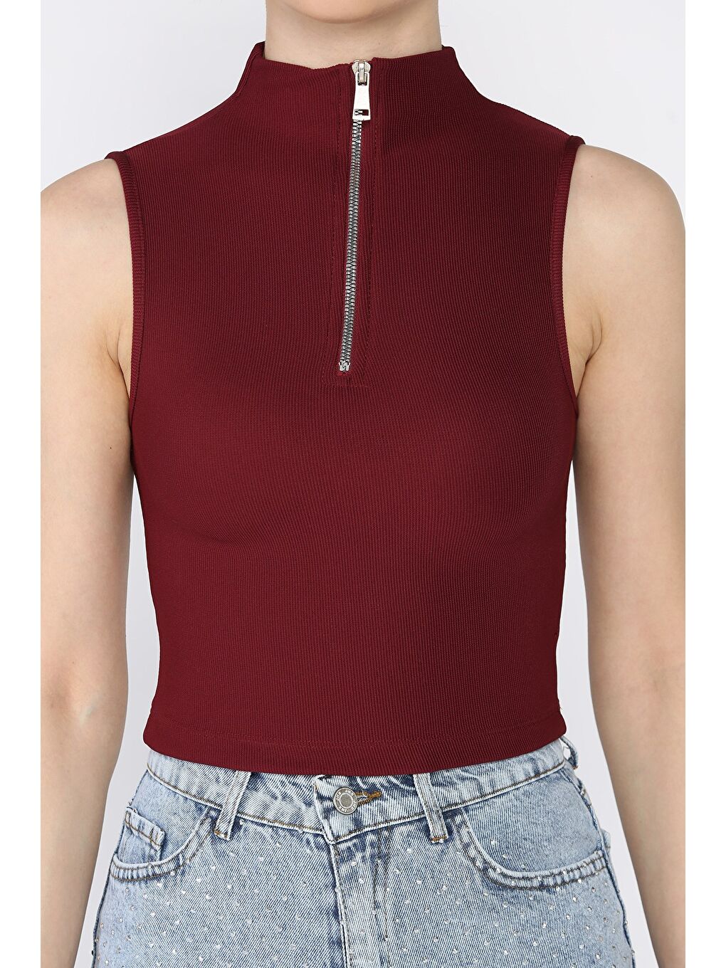 Bordo Kadın Yarım Fermuarlı Fitilli Crop Top Bluz-3
