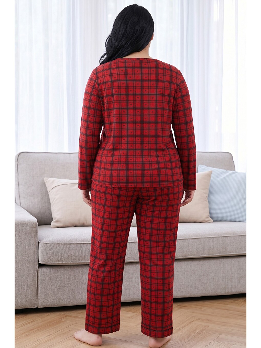 Kırmızı Ekose Desenli Termal Kumaşlı Ultra Soft Yumuşak Büyük Beden Battal Boy Örme Pijama Takımı-2