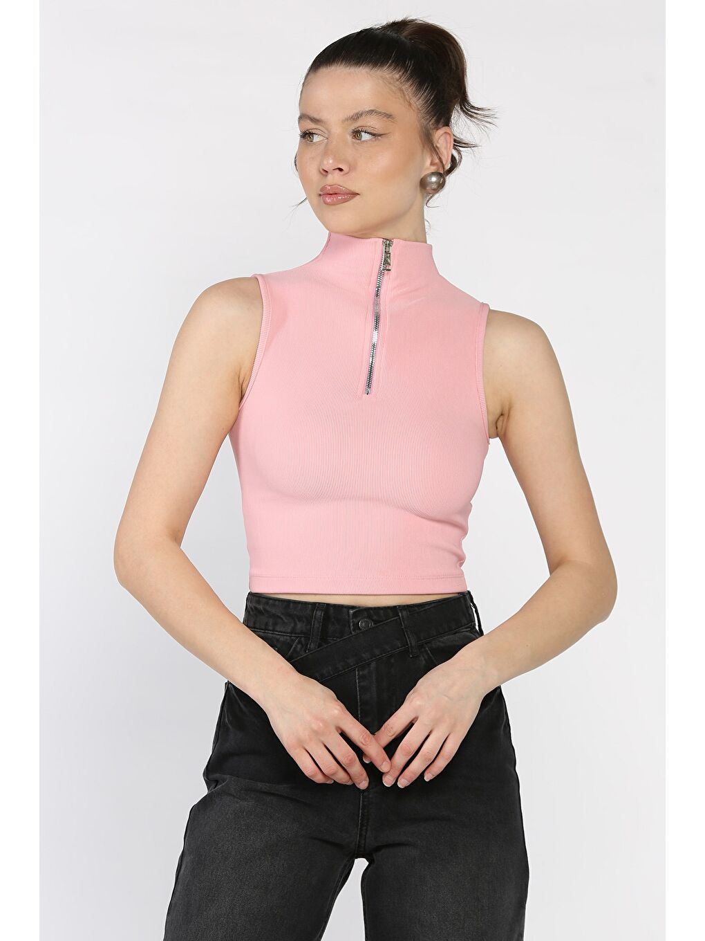 Pembe Kadın Yarım Fermuarlı Fitilli Crop Top Bluz-1