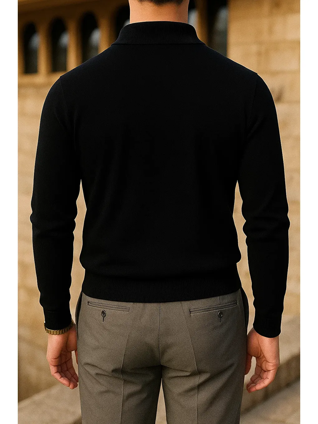 Erkek Slim Fit Yarım Balıkçı Yaka Siyah Kazak-4