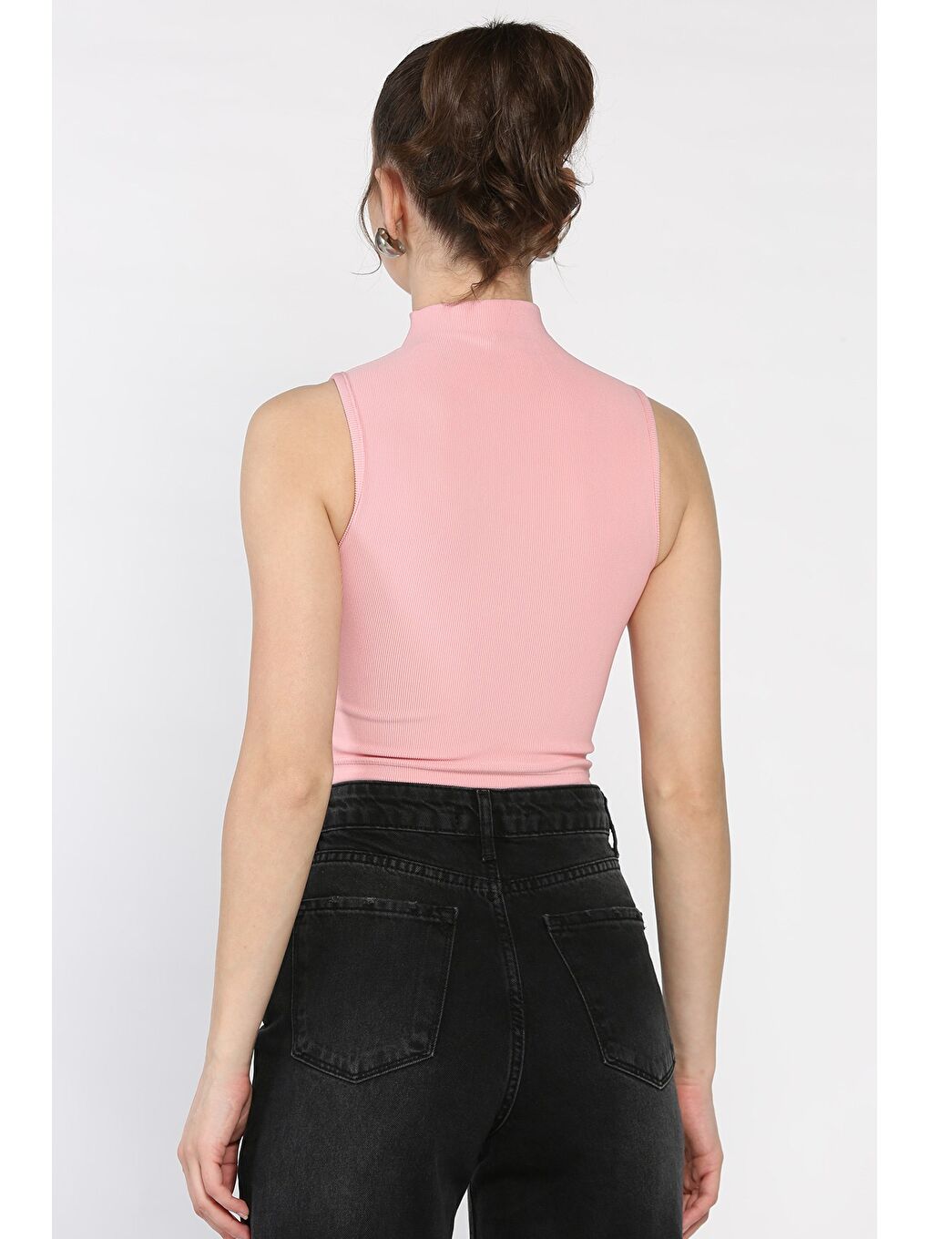 Pembe Kadın Yarım Fermuarlı Fitilli Crop Top Bluz-2