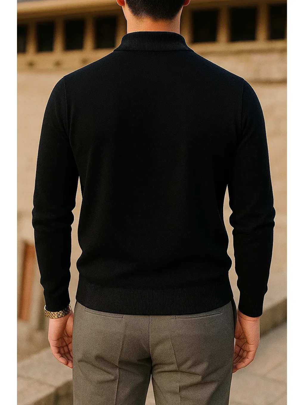 Erkek Slim Fit Yarım Balıkçı Yaka Siyah Kazak-5