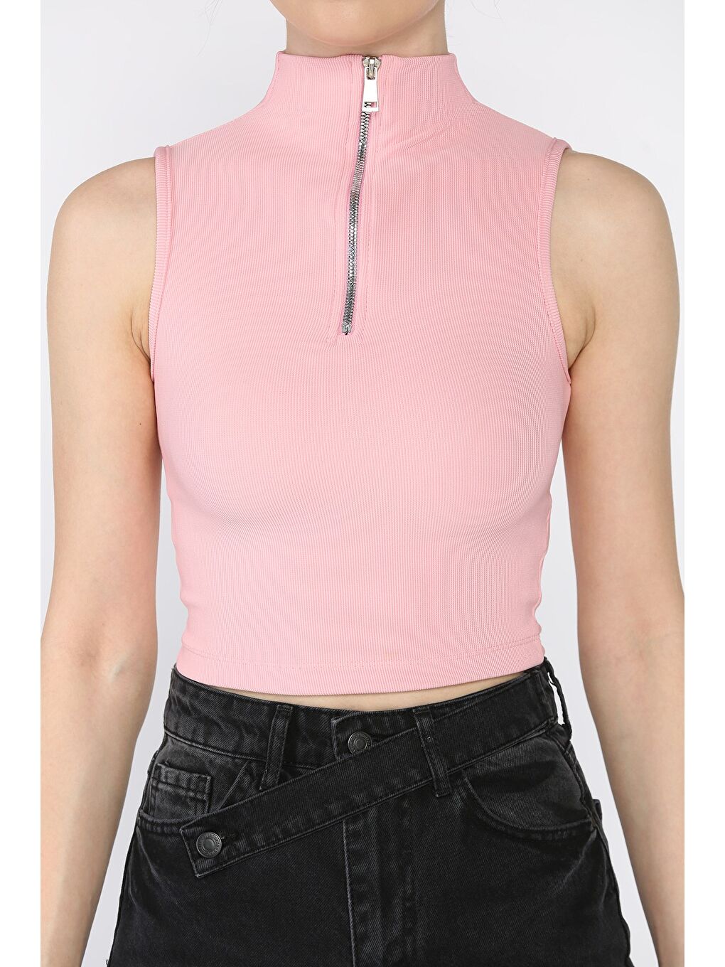 Pembe Kadın Yarım Fermuarlı Fitilli Crop Top Bluz-3