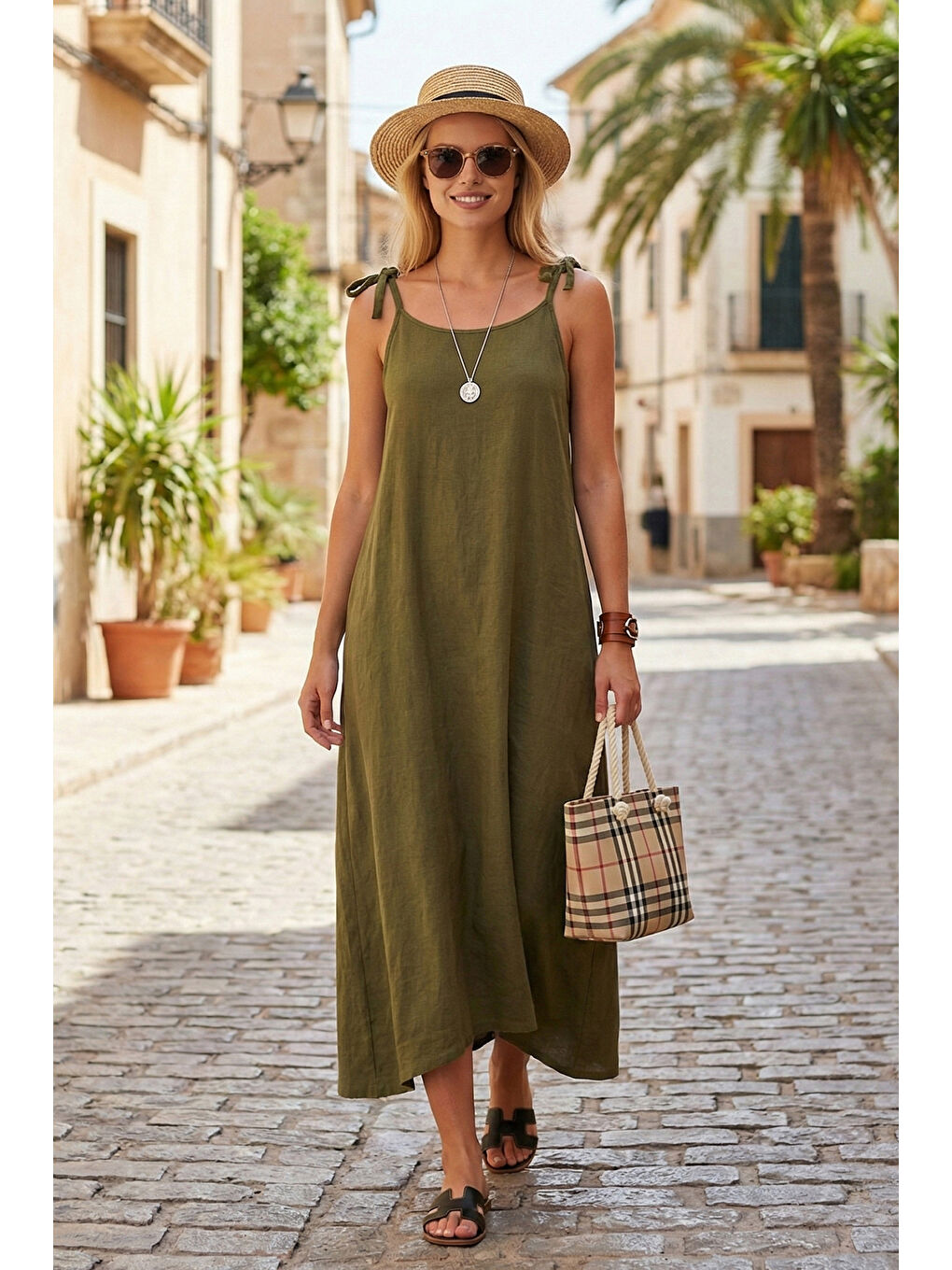 Yeşil Regular Fit İp Askılı Uzun Kadın Elbise 5865732