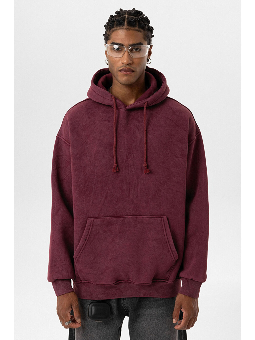 VAMOSCLO Bordo Basic Yıkamalı Oversize Erkek Sweatshirt - 1