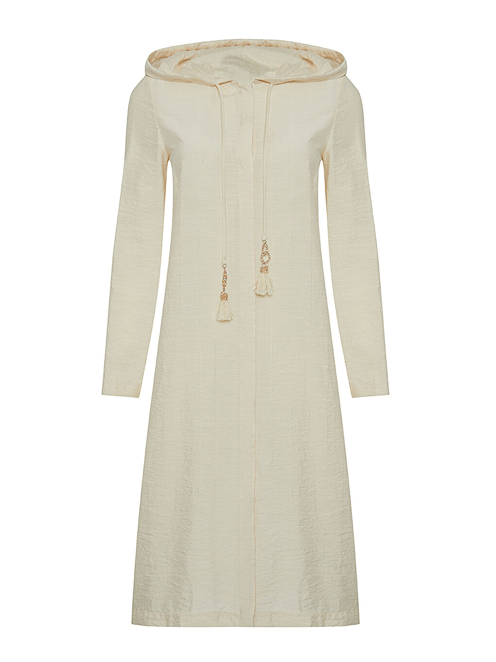 Bej Kapüşonlu Kare Dokulu Kumaş Kap