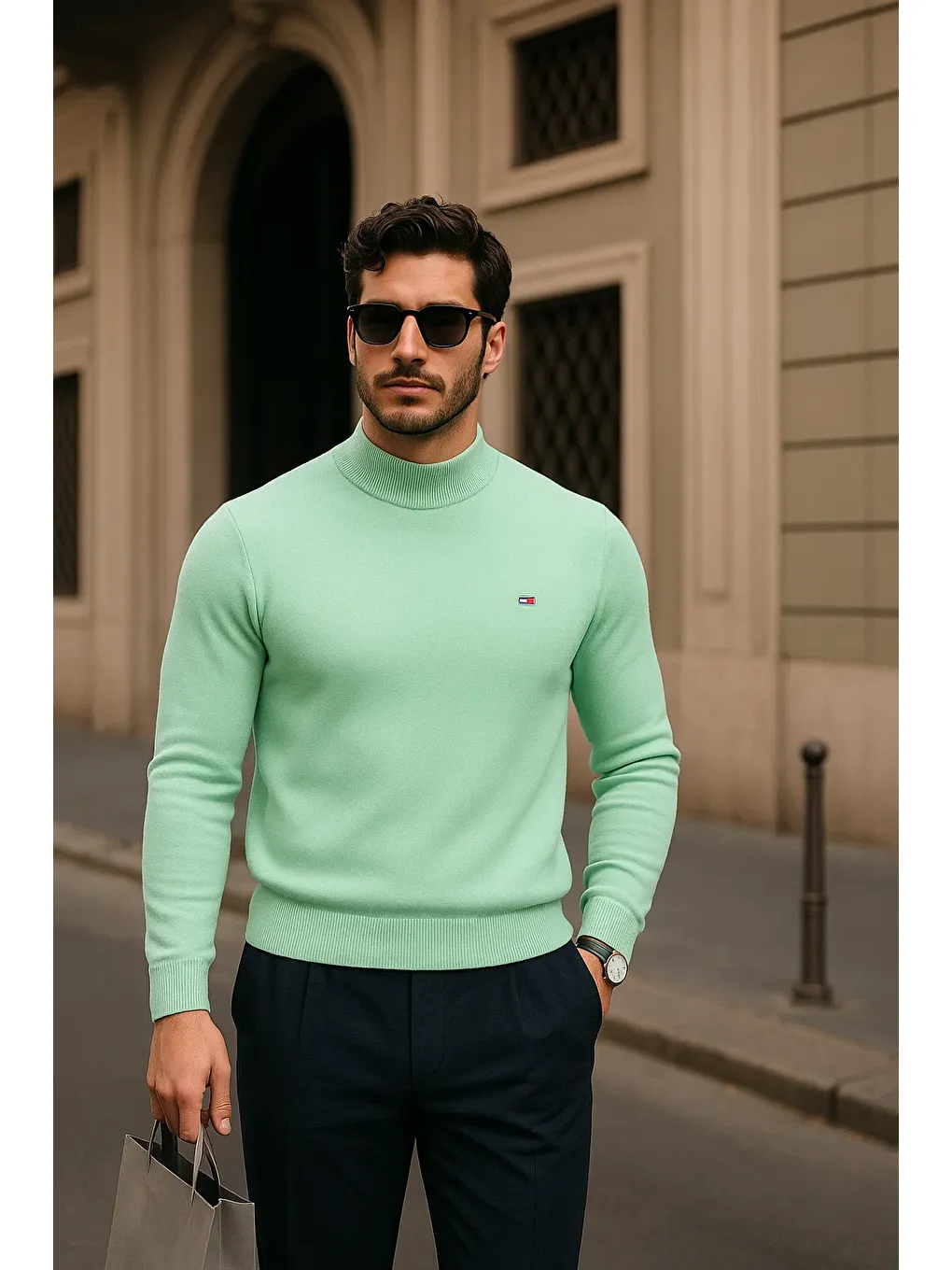 Yeşil Erkek Günlük Mint Yarım Balıkçı Yaka Kazak-1