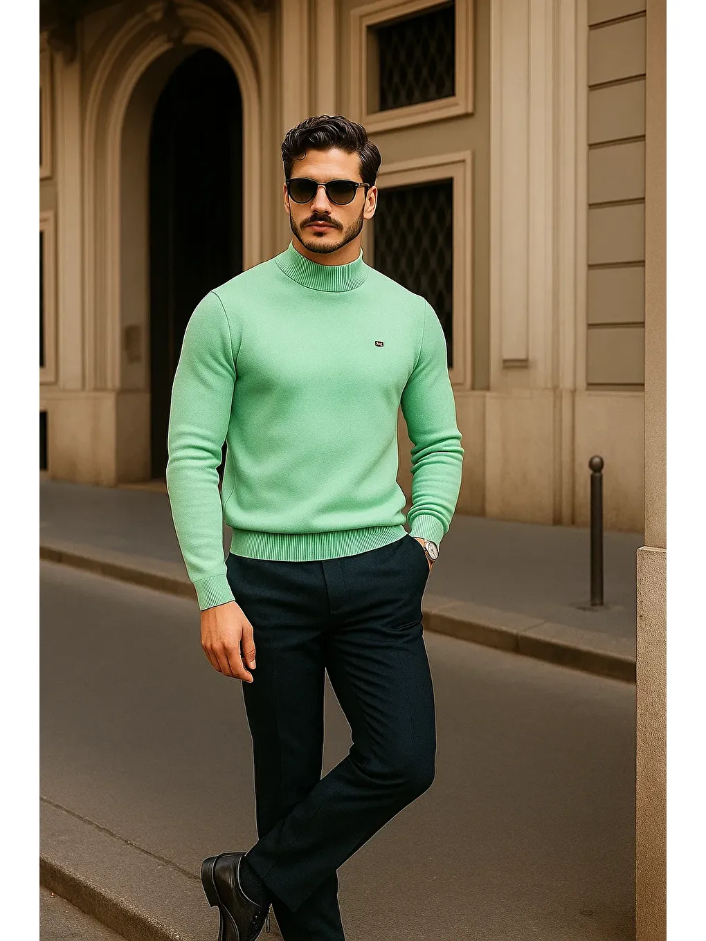 Yeşil Erkek Günlük Mint Yarım Balıkçı Yaka Kazak-2