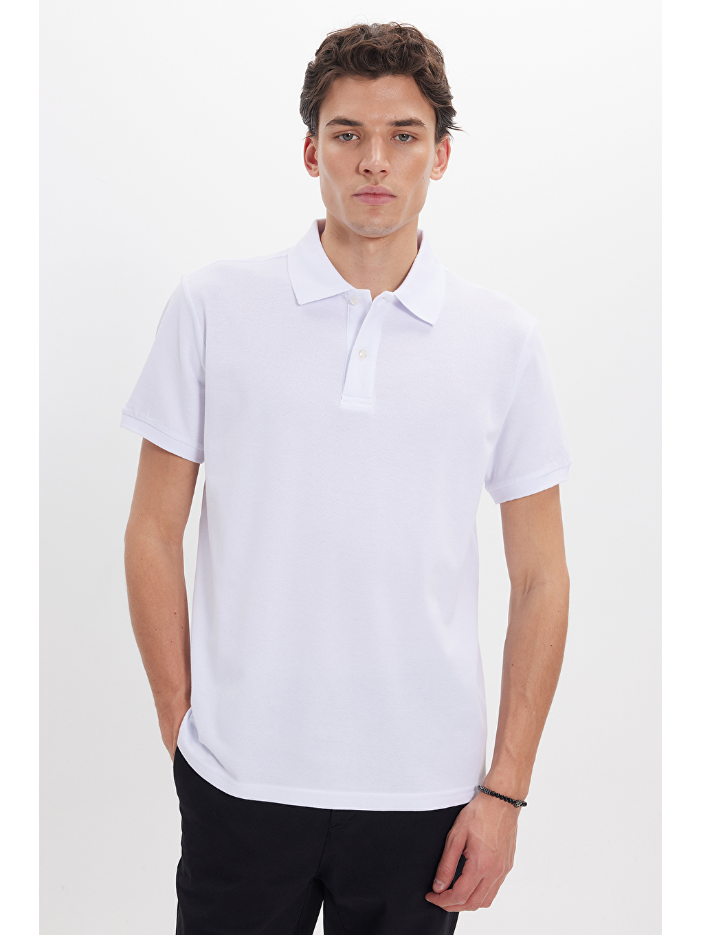 Erkek Regular Fit Klasik Kesim %100 Pamuk Düz Pike Beyaz Polo Yaka Tişört