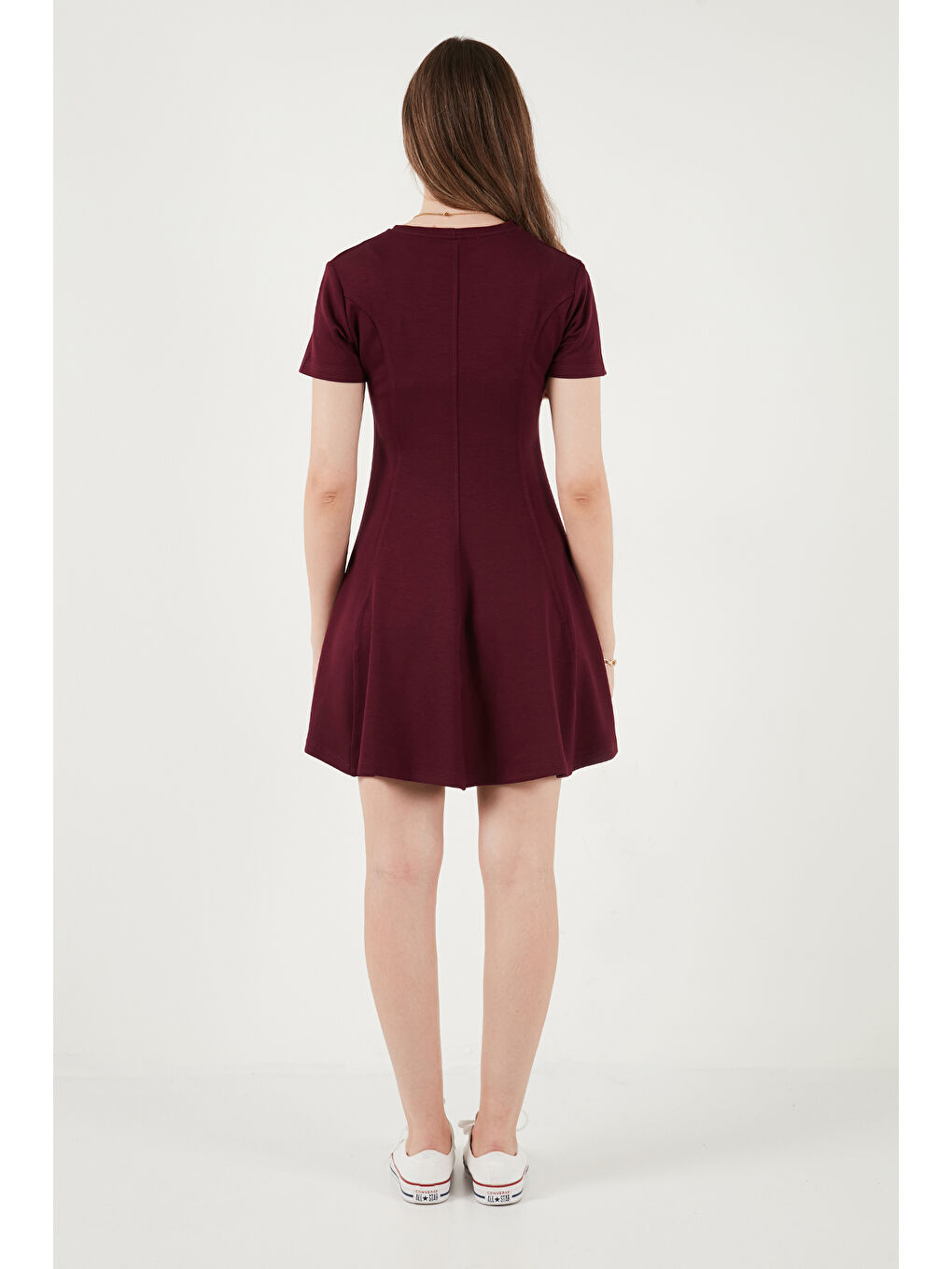 Bordo Regular Fit Bisiklet Yaka Pileli Kadın Mini Elbise 5866342-6