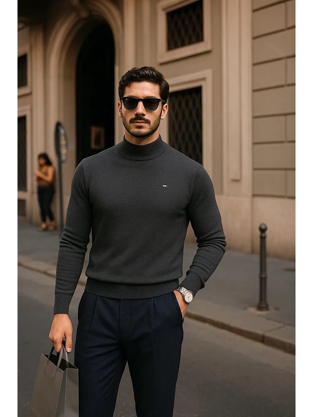 Gri Erkek Günlük Füme Yarım Balıkçı Yaka Kazak