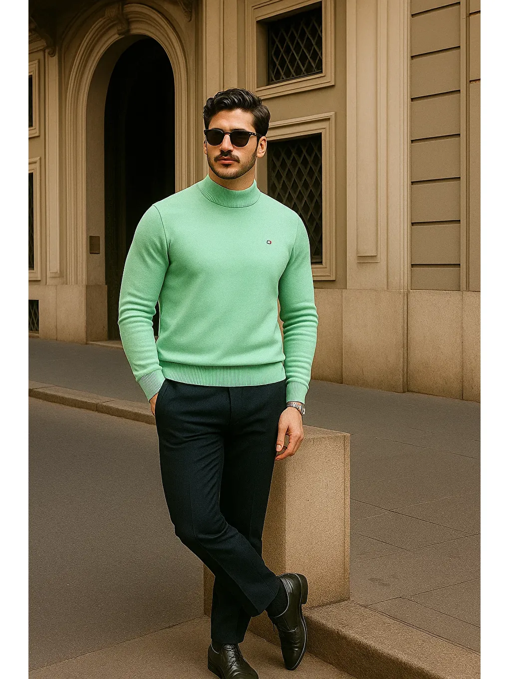 Yeşil Erkek Günlük Mint Yarım Balıkçı Yaka Kazak-3