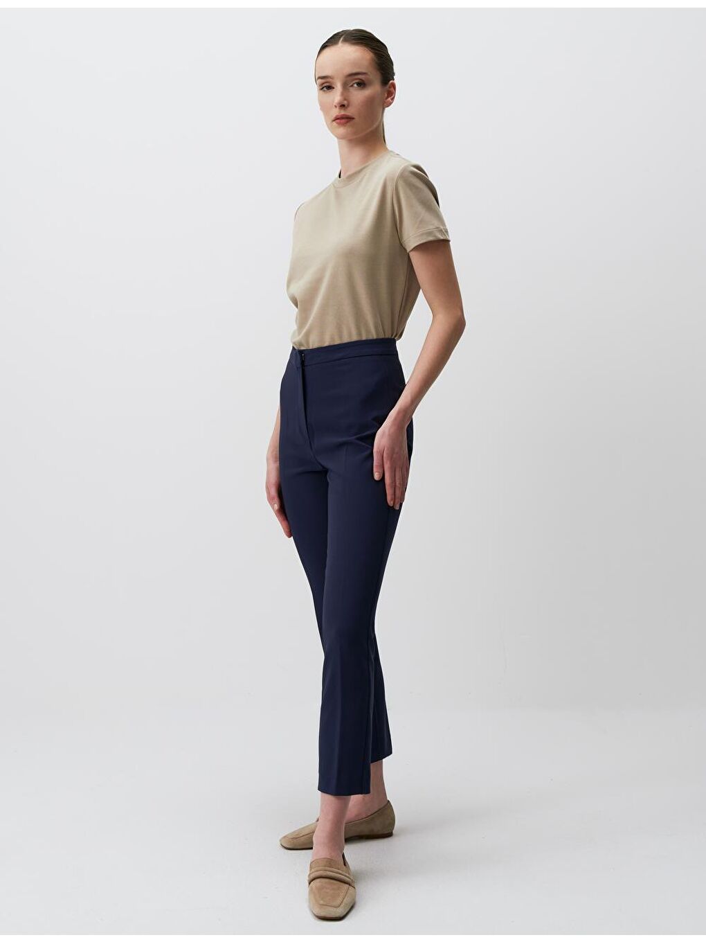 Lacivert Dar Kesim Yüksek Bel Kumaş Pantolon-1