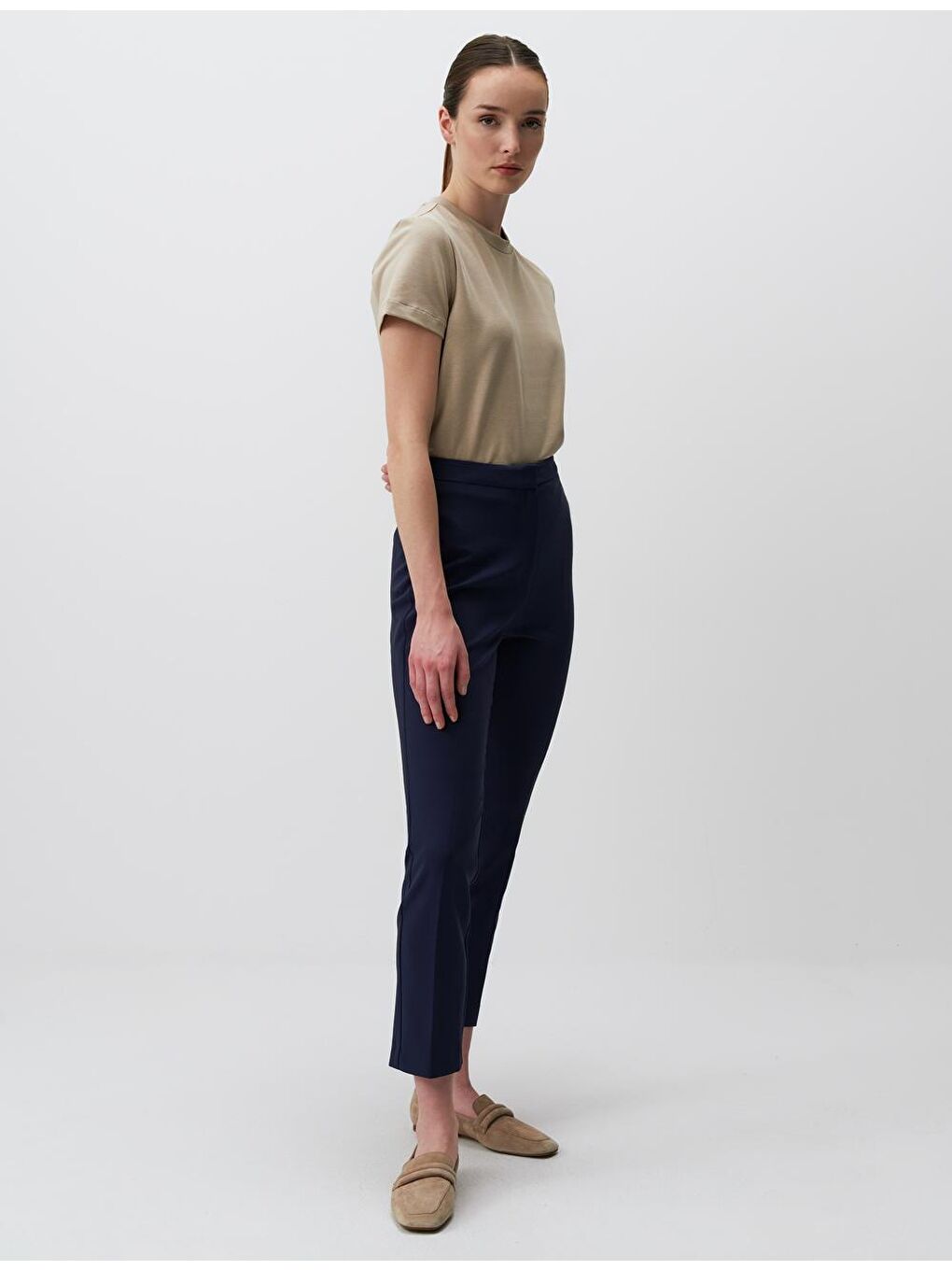 Lacivert Dar Kesim Yüksek Bel Kumaş Pantolon-2