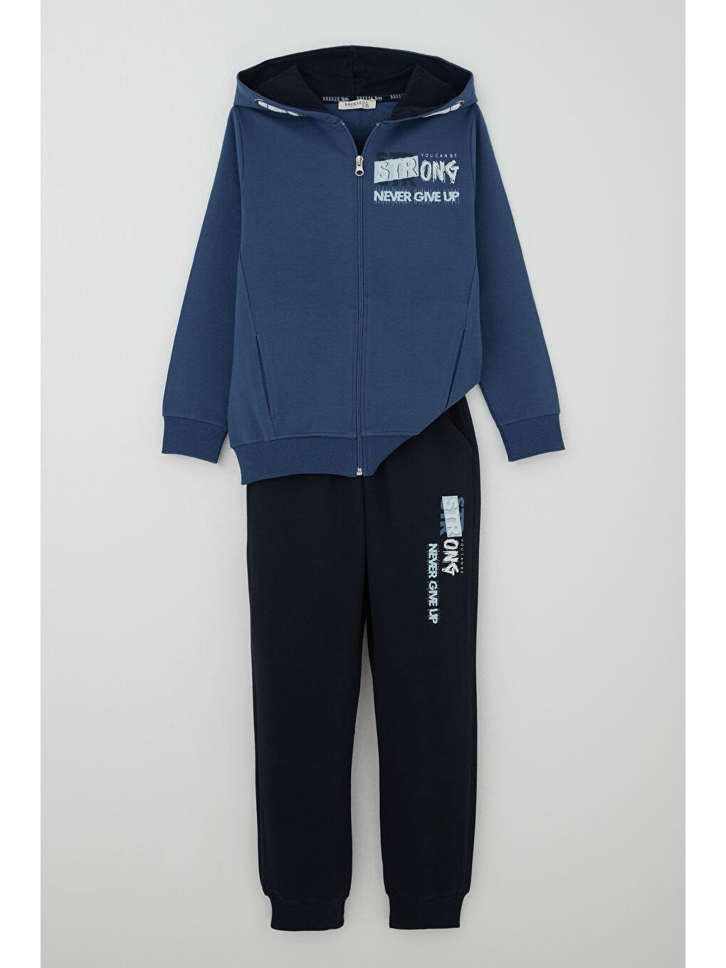 Erkek Çocuk Eşofman Takım Kapüşonlu Yazı Baskılı Cepli İndigo (8-14 Yaş)