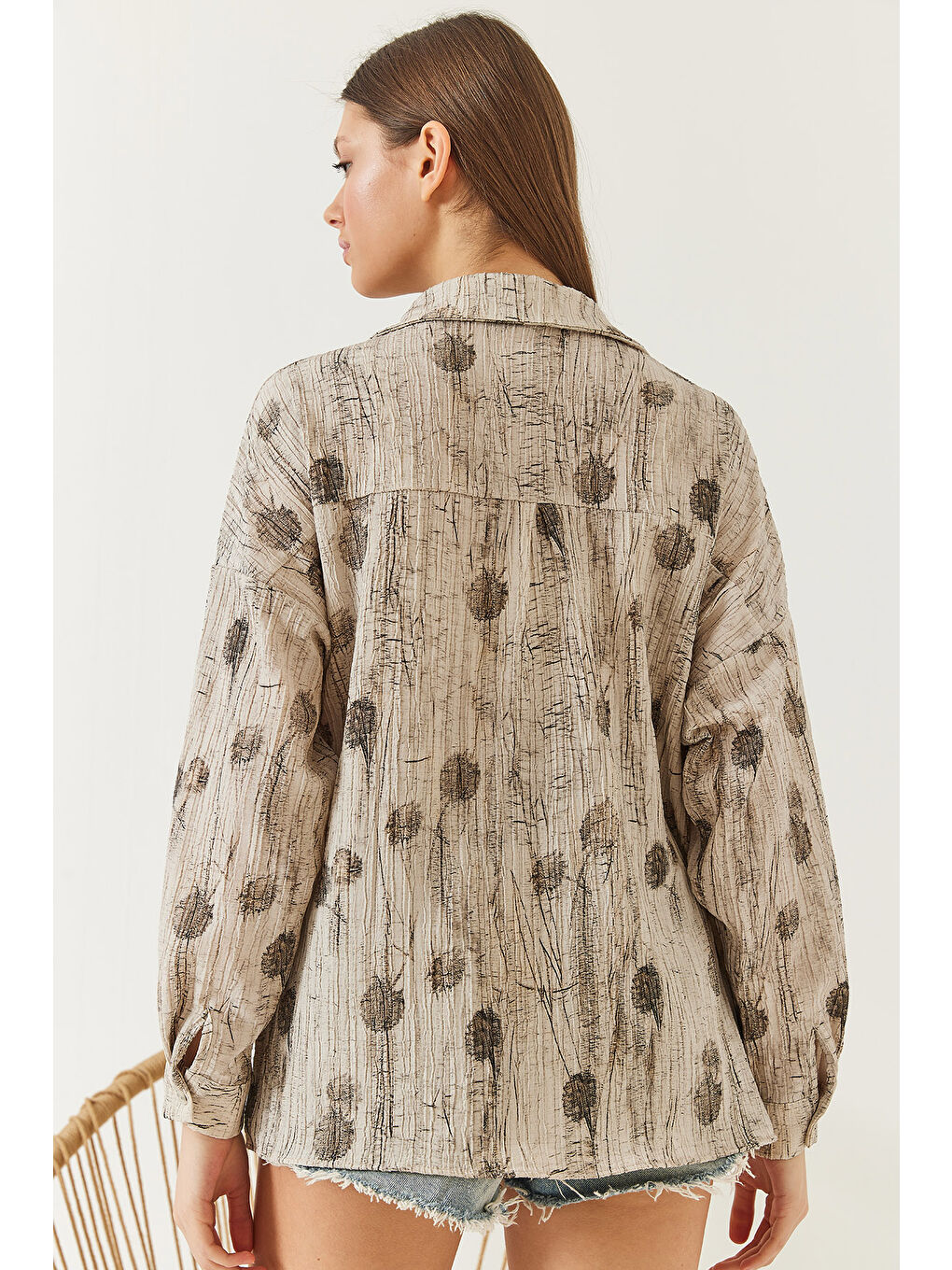 Bej Kadın Düşük Omuz Empirme Oversize Gömlek-5