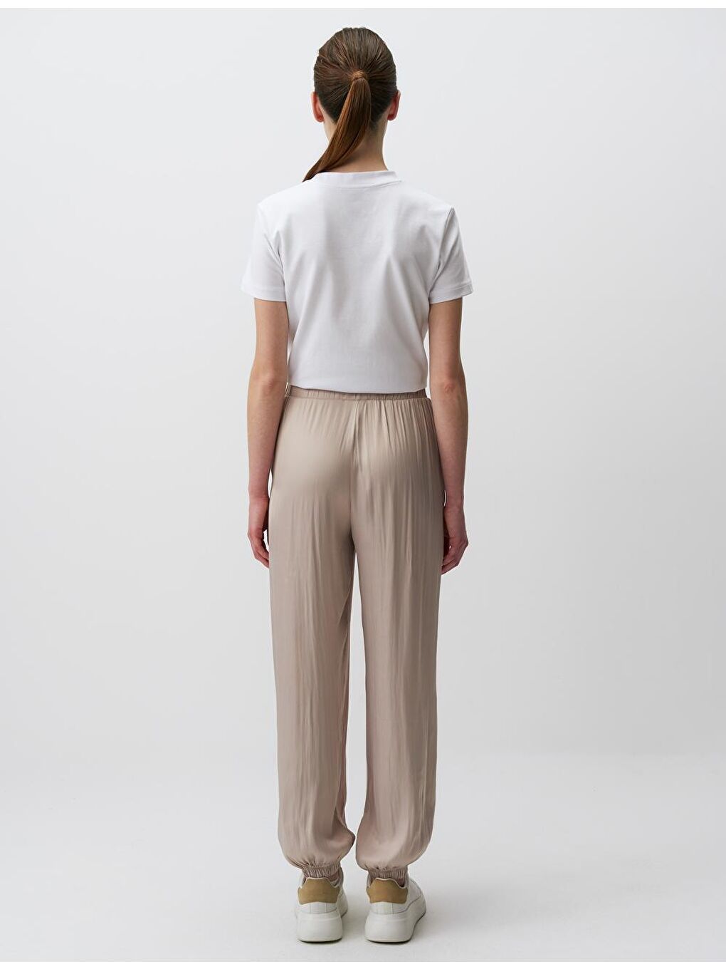 Bej Yüksek Bel Lastikli Paça Dokuma Pantolon-4