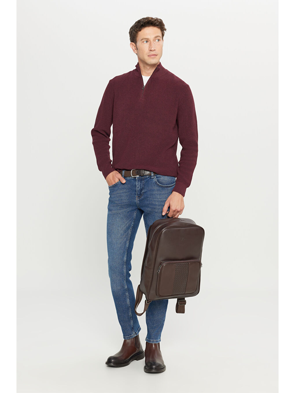 Erkek Bordo Pamuklu Standart Fit Normal Kesim Bato Yaka Jakarlı Triko Kazak-1