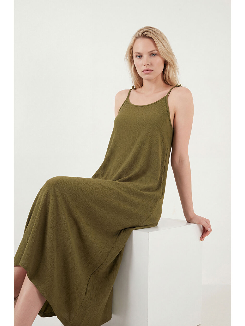 Yeşil Regular Fit İp Askılı Uzun Kadın Elbise 5865732-3