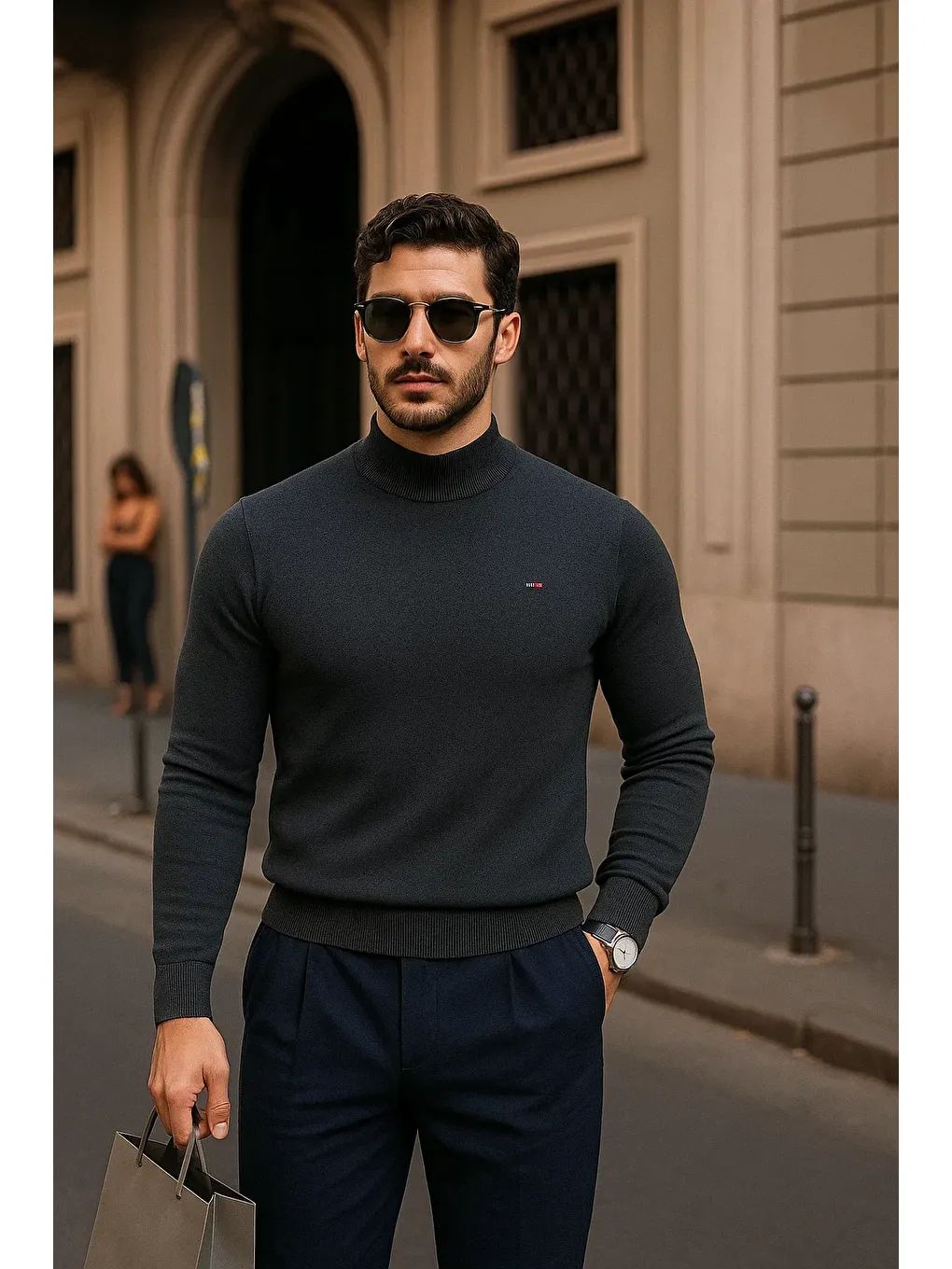 Gri Erkek Günlük Füme Yarım Balıkçı Yaka Kazak-3