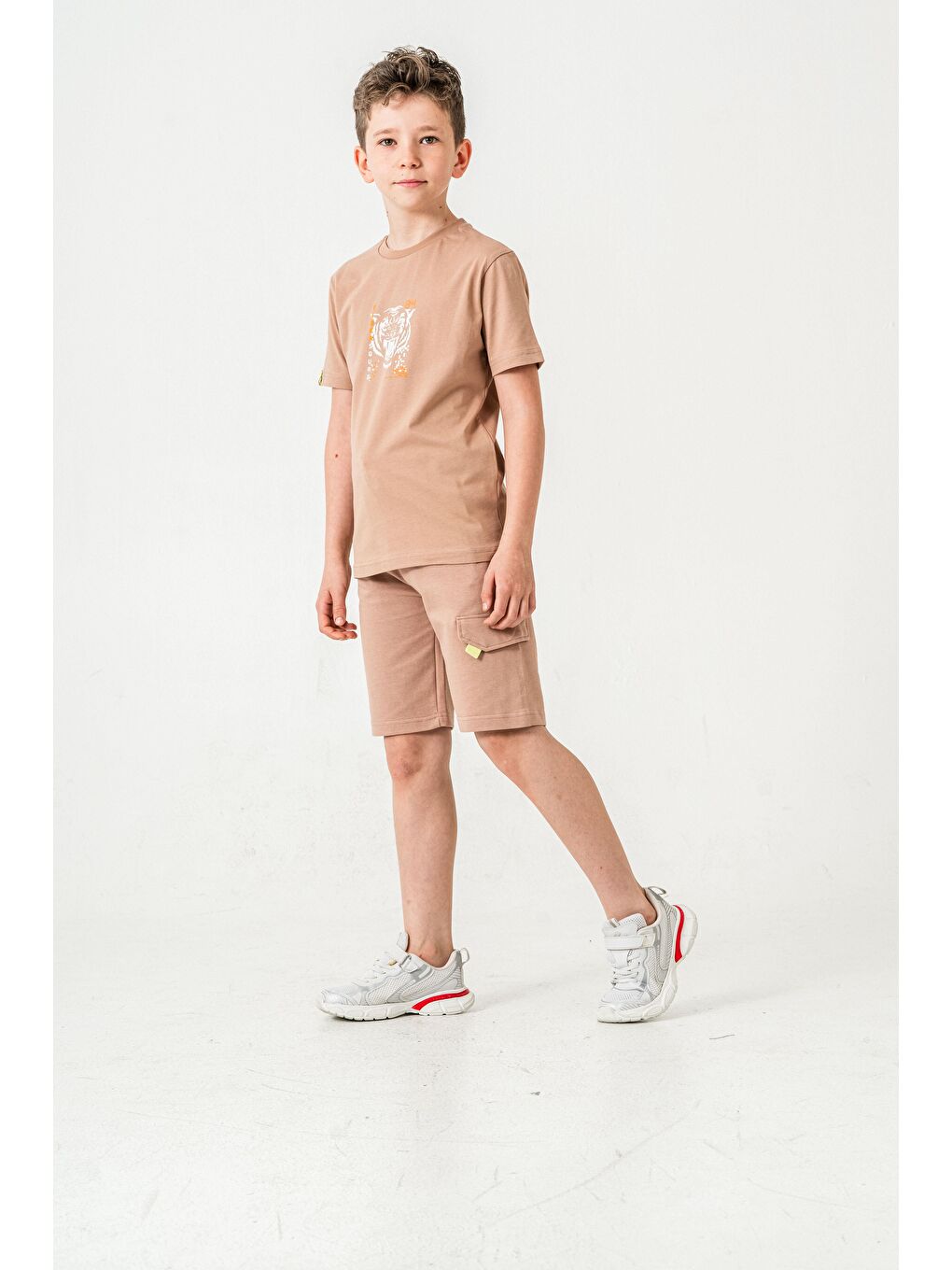Bej Ust On Baskılı Kol Ucu Balıksırtlı Erkek Çocuk Şort - Tişört Takımı-3