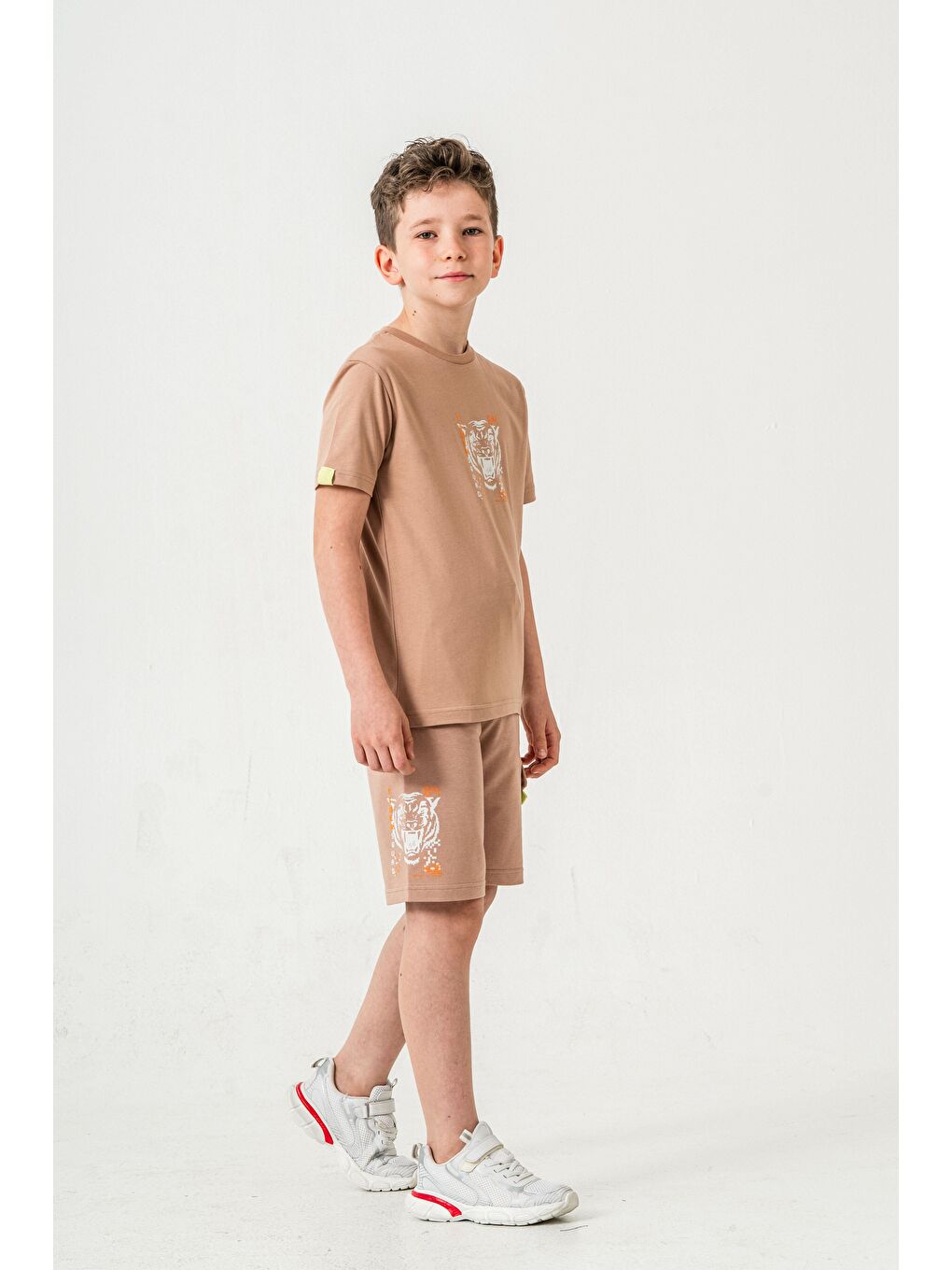 Bej Ust On Baskılı Kol Ucu Balıksırtlı Erkek Çocuk Şort - Tişört Takımı-4