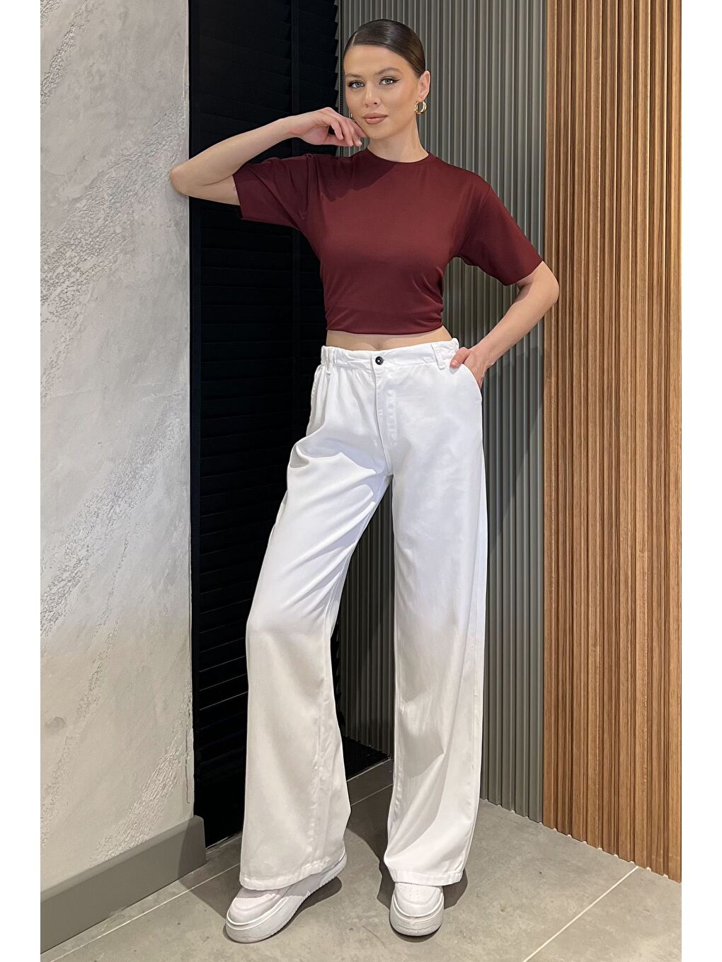 Beyaz Kadın Yüksek Bel Pantolon